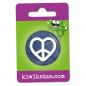 Preview: Ansteckbutton Love Peace Zeichen Jeans an Eurolochkarte